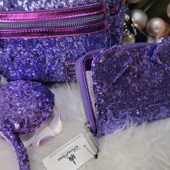 Set of 4!Purple Sequin Loungefly Backpack 2pairs of Ears&Wallet - Picture 7 of 13